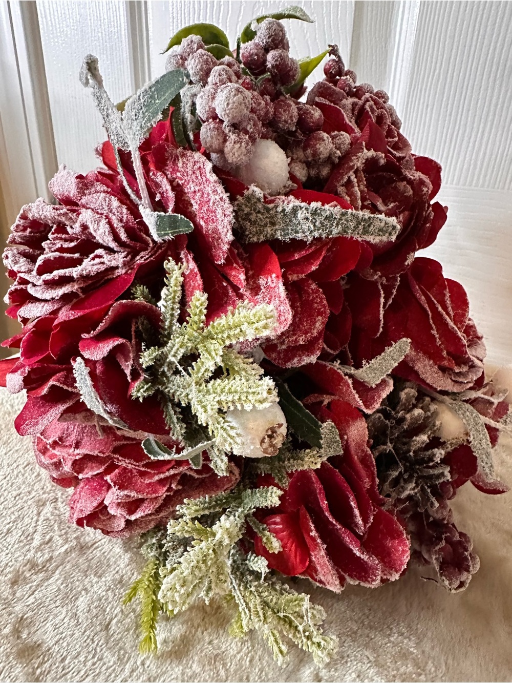 Flocked Red Holiday Rose Floral Bouquet w/Berries & Pine Cones- Needs Some TLC